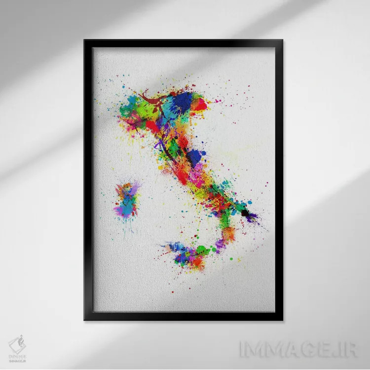 تابلو نقشهٔ ایتالیا با پاشش رنگ II اثر مایکل تامپست - نمای قابدار مشکی