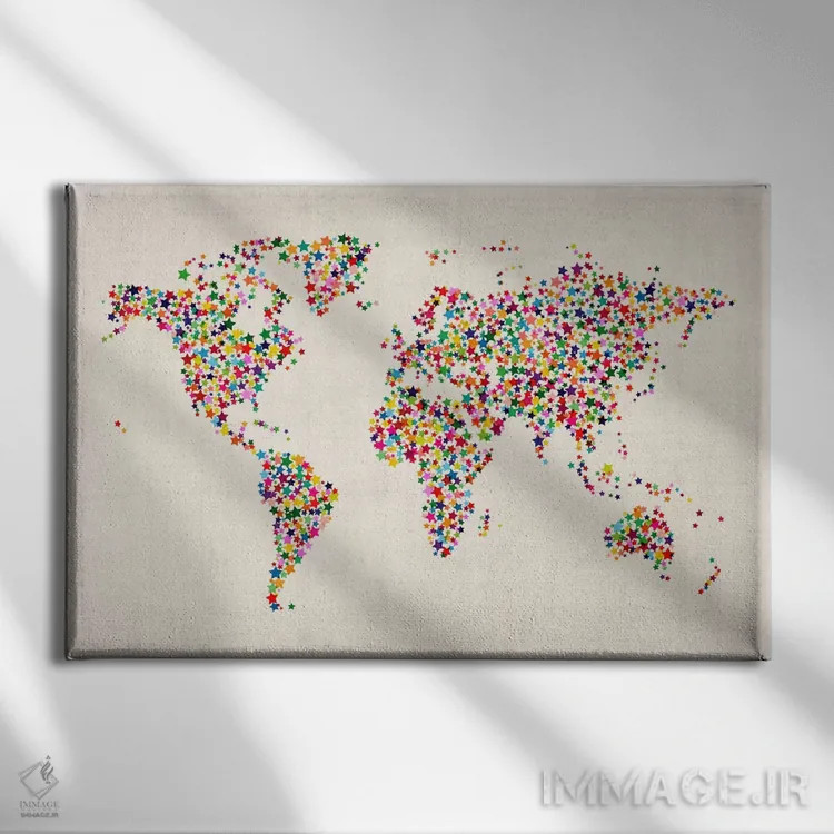 تابلو نقشهٔ جهان با ستارهها اثر مایکل تامپست - نمای روبهرو روی دیوار