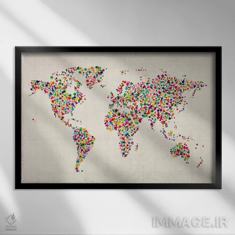 تابلو نقشهٔ جهان با ستارهها اثر مایکل تامپست - نمای قابدار مشکی