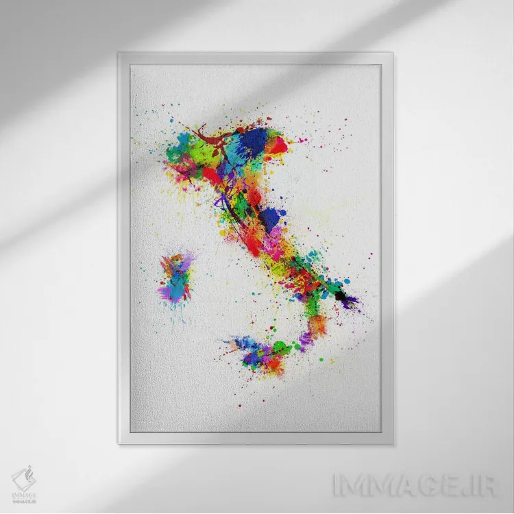 تابلو نقشهٔ ایتالیا با پاشش رنگ II اثر مایکل تامپست - نمای قابدار سفید