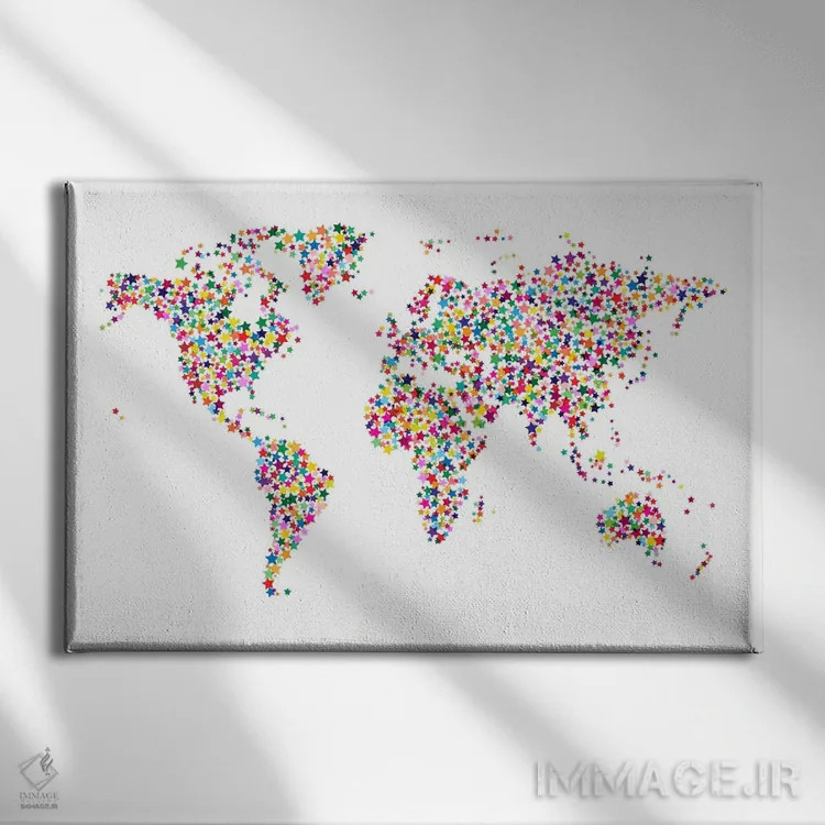 تابلو نقشهٔ جهان با ستارهها II اثر مایکل تامپست - نمای روبهرو روی دیوار