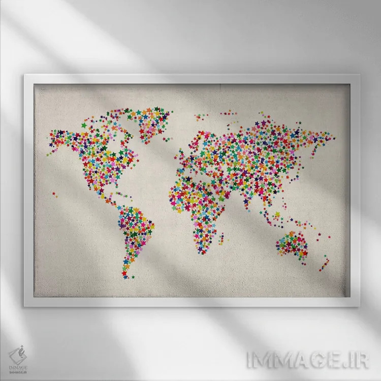 تابلو نقشهٔ جهان با ستارهها اثر مایکل تامپست - نمای قابدار سفید