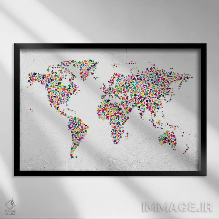 تابلو نقشهٔ جهان با ستارهها II اثر مایکل تامپست - نمای قابدار مشکی