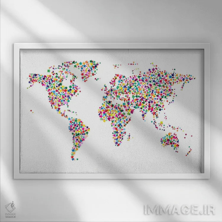 تابلو نقشهٔ جهان با ستارهها II اثر مایکل تامپست - نمای قابدار سفید