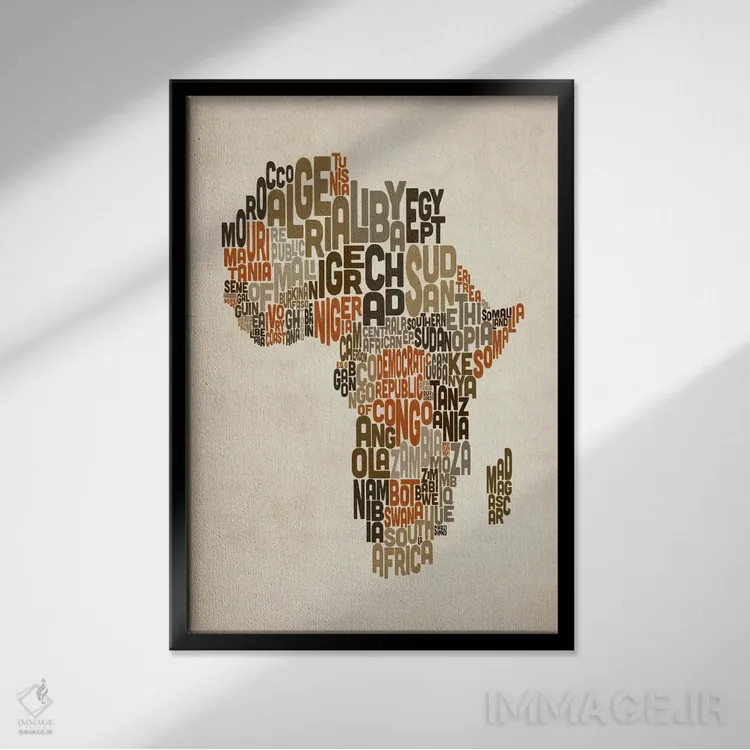 تابلو نقشهٔ تایپوگرافیک کشورهای آفریقا اثر مایکل تامپست - نمای قابدار مشکی