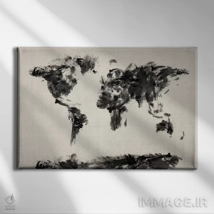 تابلو نقشهٔ جهان با پاشش رنگ (سیاه) اثر مایکل تامپست - نمای روبهرو روی دیوار