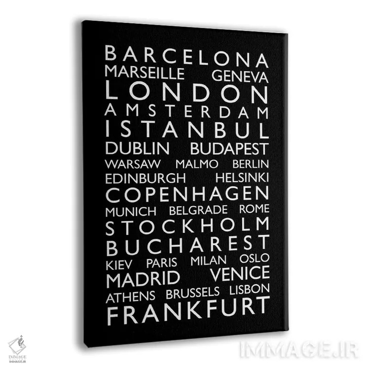 تابلو فهرست شهرهای جهان روی رول اتوبوس (طرح) II اثر مایکل تامپست - نمای پرسپکتیو محصول