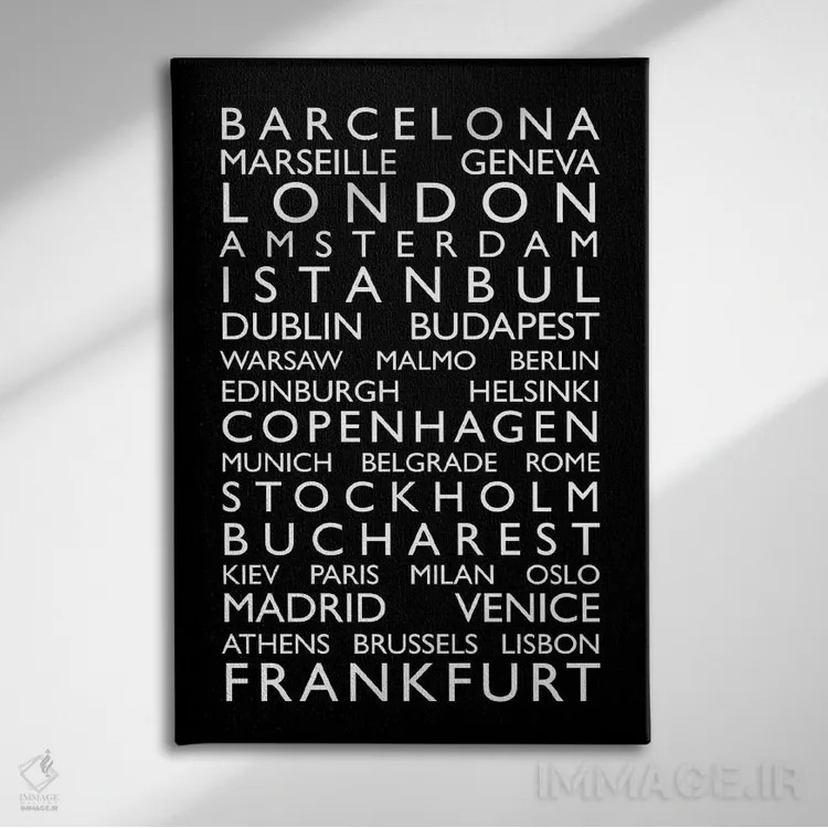 تابلو فهرست شهرهای جهان روی رول اتوبوس (طرح) II اثر مایکل تامپست - نمای روبهرو روی دیوار