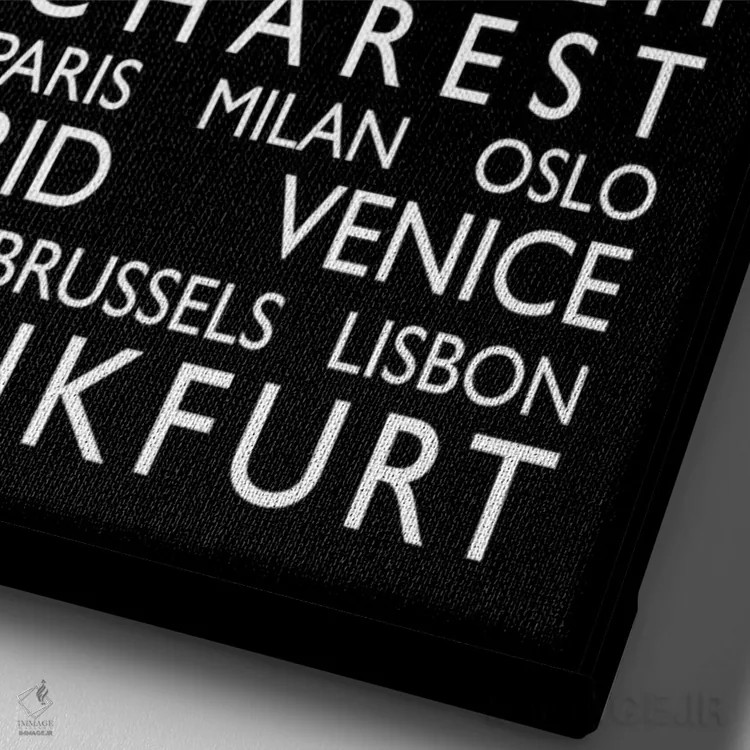 تابلو فهرست شهرهای جهان روی رول اتوبوس (طرح) II اثر مایکل تامپست - نمای نزدیک بافت بوم