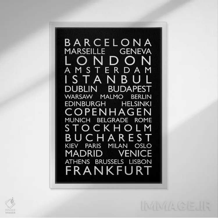 تابلو فهرست شهرهای جهان روی رول اتوبوس (طرح) II اثر مایکل تامپست - نمای قابدار سفید