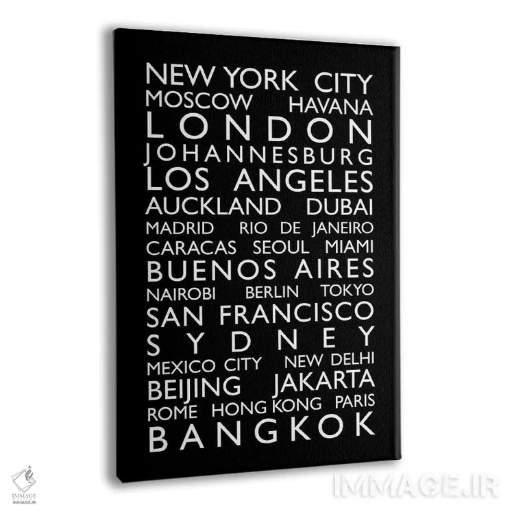 تابلو فهرست شهرهای جهان روی رول اتوبوس (طرح) اثر مایکل تامپست - نمای پرسپکتیو محصول
