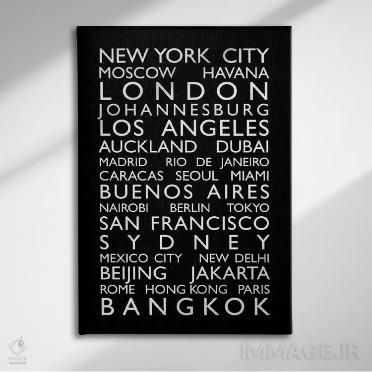 تابلو فهرست شهرهای جهان روی رول اتوبوس (طرح) اثر مایکل تامپست - نمای روبهرو روی دیوار