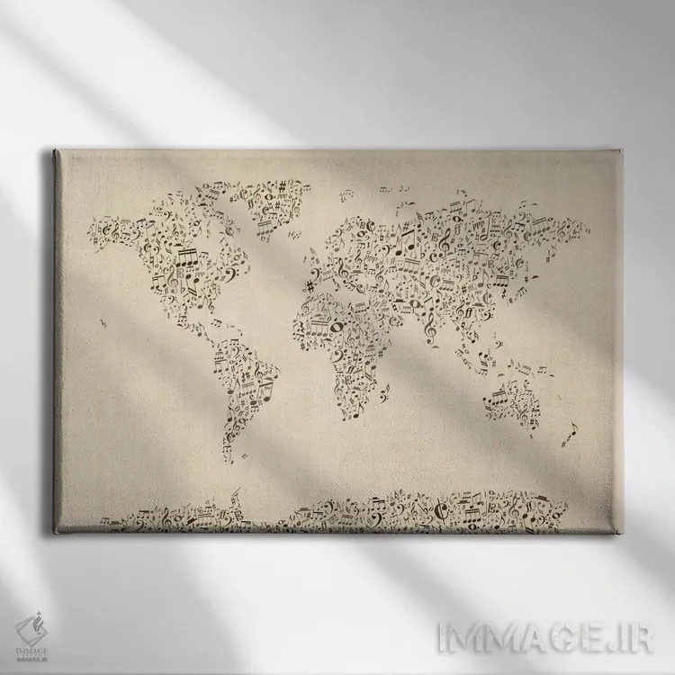 تابلو نقشهٔ جهان با نتهای موسیقی اثر مایکل تامپست - نمای روبهرو روی دیوار