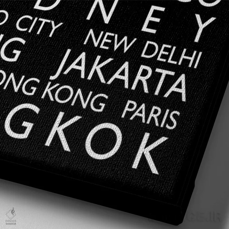 تابلو فهرست شهرهای جهان روی رول اتوبوس (طرح) اثر مایکل تامپست - نمای نزدیک بافت بوم