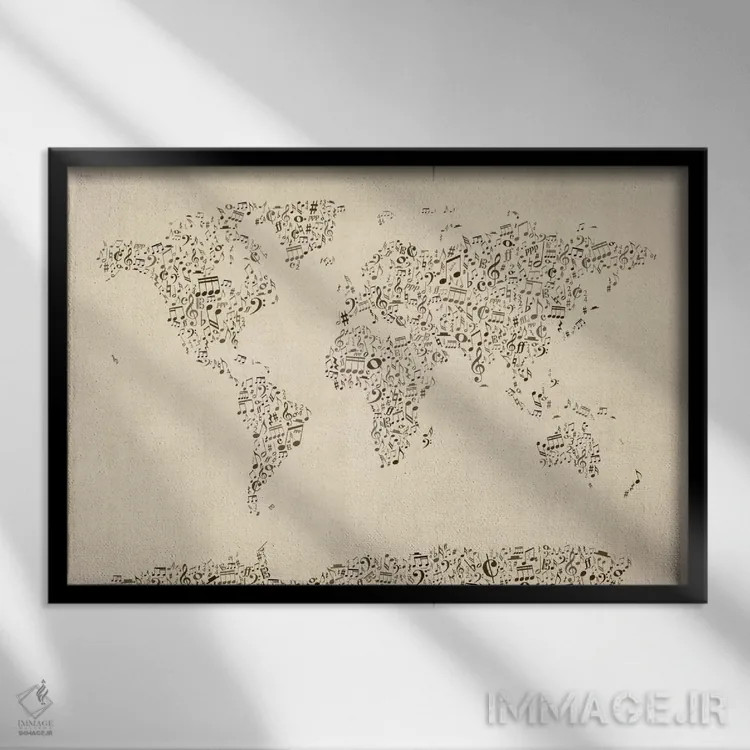 تابلو نقشهٔ جهان با نتهای موسیقی اثر مایکل تامپست - نمای قابدار مشکی