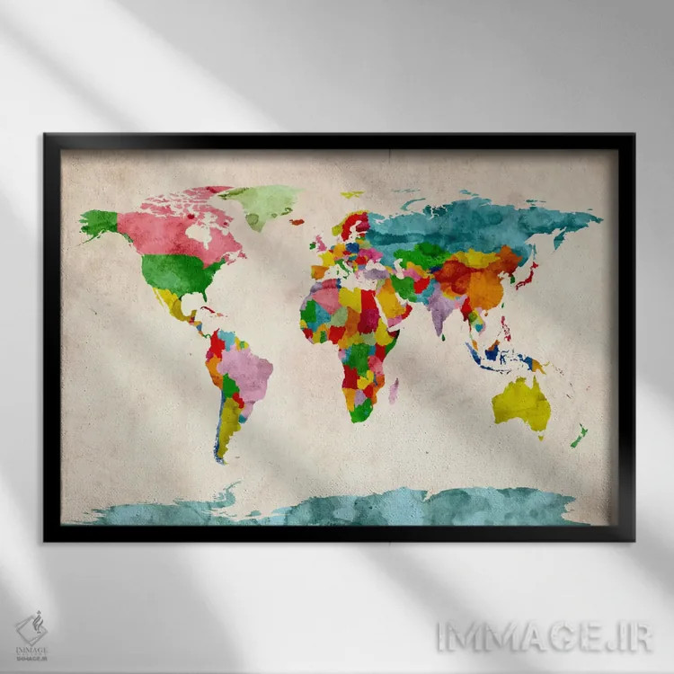 تابلو نقشهٔ جهان با آبرنگ III اثر مایکل تامپست - نمای قابدار مشکی