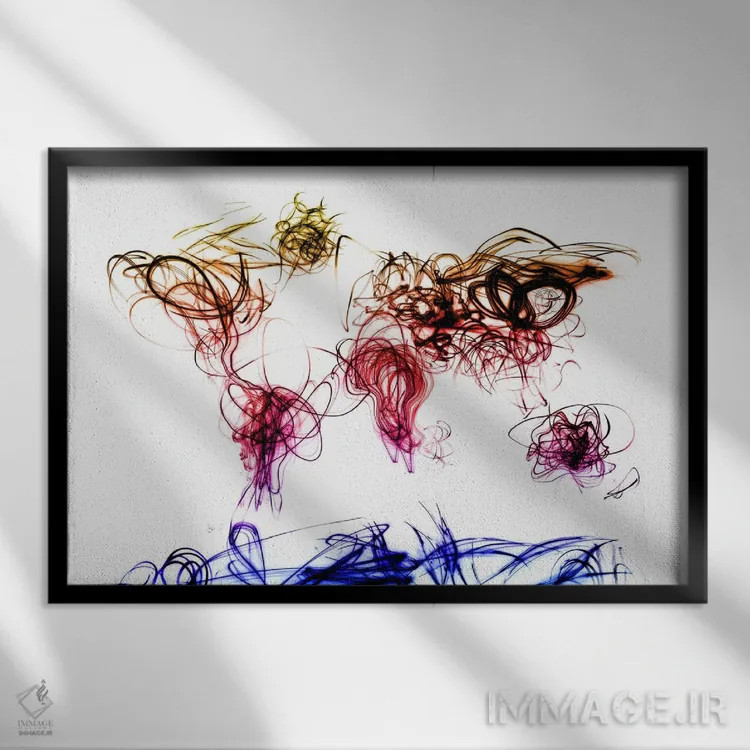 تابلو نقشهٔ جهان با خط نوری اثر مایکل تامپست - نمای قابدار مشکی