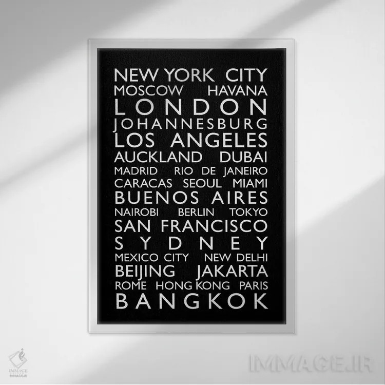 تابلو فهرست شهرهای جهان روی رول اتوبوس (طرح) اثر مایکل تامپست - نمای قابدار سفید