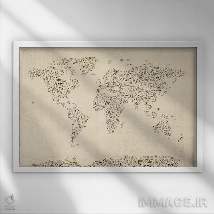 تابلو نقشهٔ جهان با نتهای موسیقی اثر مایکل تامپست - نمای قابدار سفید