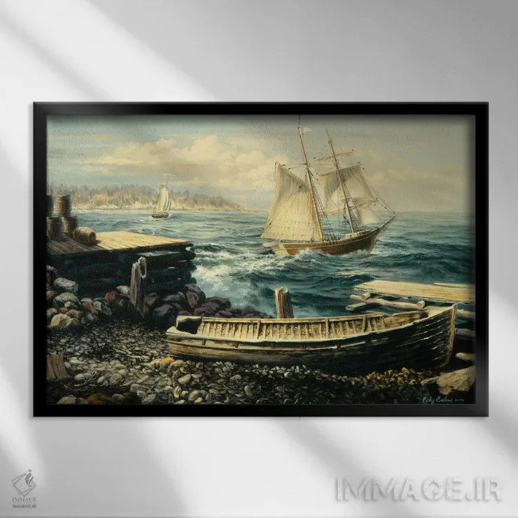 تابلو ساحل نیو انگلند (قایق) اثر نیکی بومه - نمای قابدار مشکی