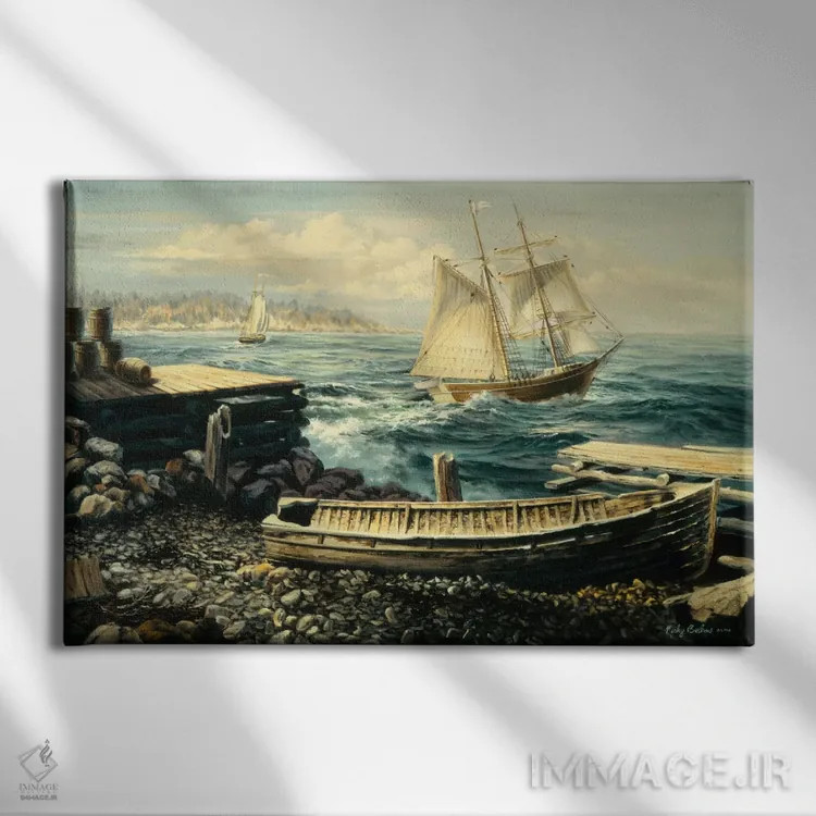 تابلو ساحل نیو انگلند (قایق) اثر نیکی بومه - نمای روبهرو روی دیوار