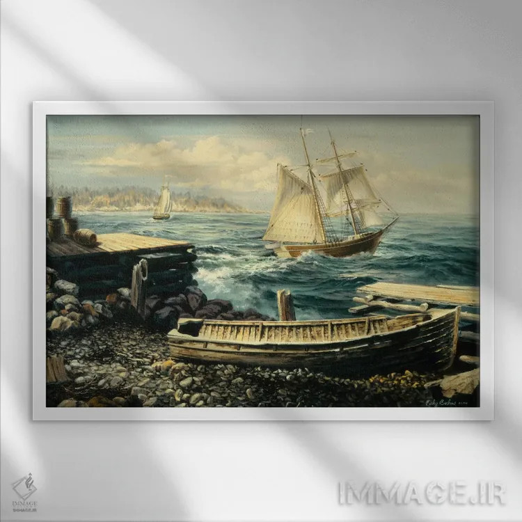 تابلو ساحل نیو انگلند (قایق) اثر نیکی بومه - نمای قابدار سفید