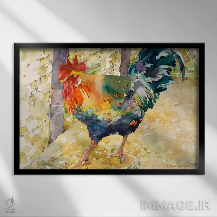 تابلو خروس رنگارنگ اثر آنلاین بوکنکمپ - نمای قابدار مشکی