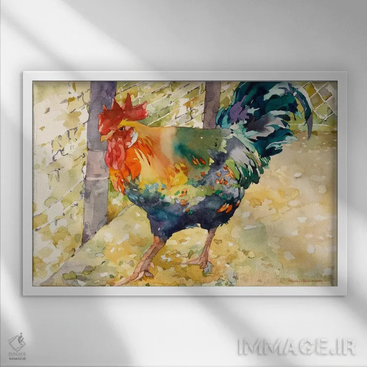 تابلو خروس رنگارنگ اثر آنلاین بوکنکمپ - نمای قابدار سفید