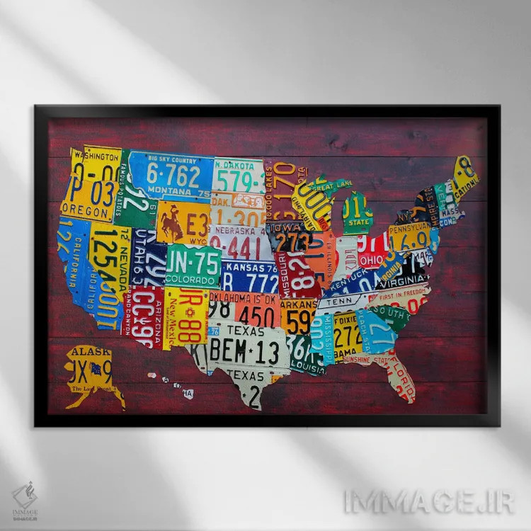 تابلو نقشهٔ آمریکا با پلاکهای بازیافتی VII اثر دیزاین ترنپایک - نمای قابدار مشکی