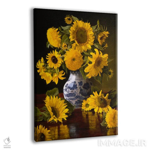 تابلو آفتابگردانها در گلدان چینی آبی و سفید اثر کریستوفر پیرس - نمای پرسپکتیو محصول