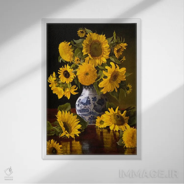 تابلو آفتابگردانها در گلدان چینی آبی و سفید اثر کریستوفر پیرس - نمای قابدار سفید