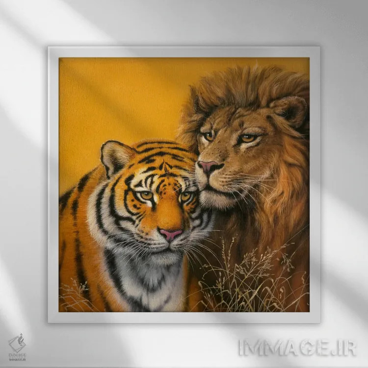 تابلو شیر و ببر اثر هارو ماس - نمای قابدار سفید