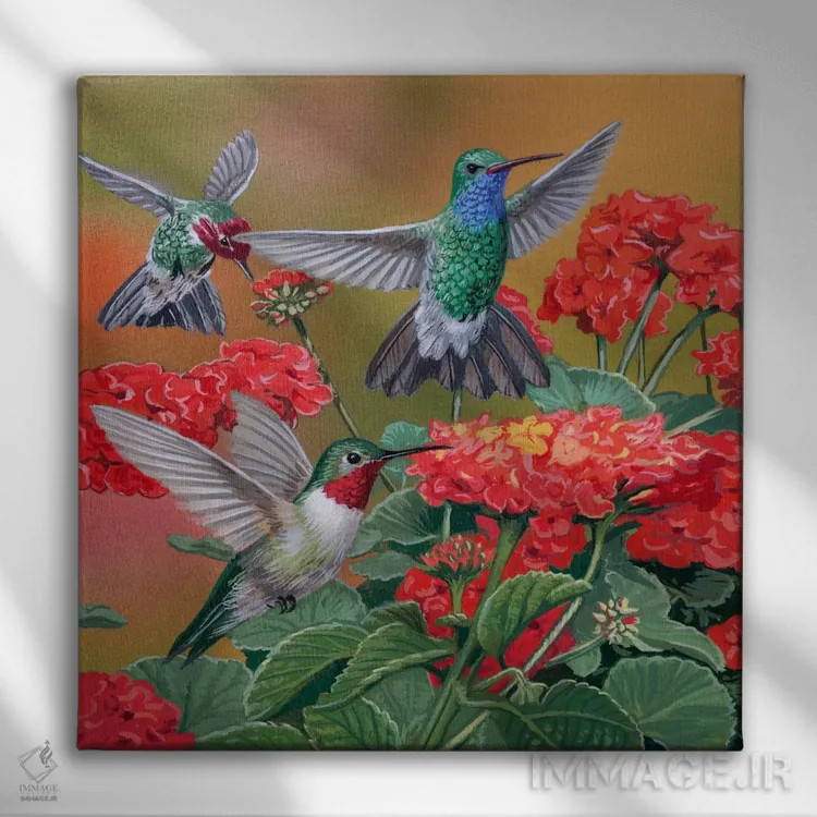 تابلو مرغهای مگسخوار و گلها اثر ویلیام واندر داسون - نمای روبهرو روی دیوار