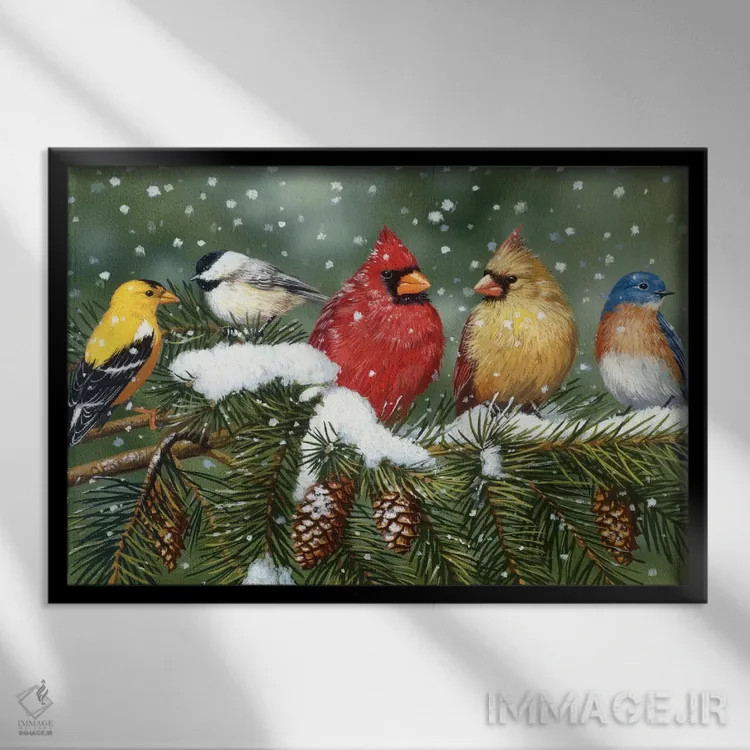 تابلو پرندگان حیاط خلوت روی شاخهٔ برفی اثر ویلیام واندر داسون - نمای قابدار مشکی