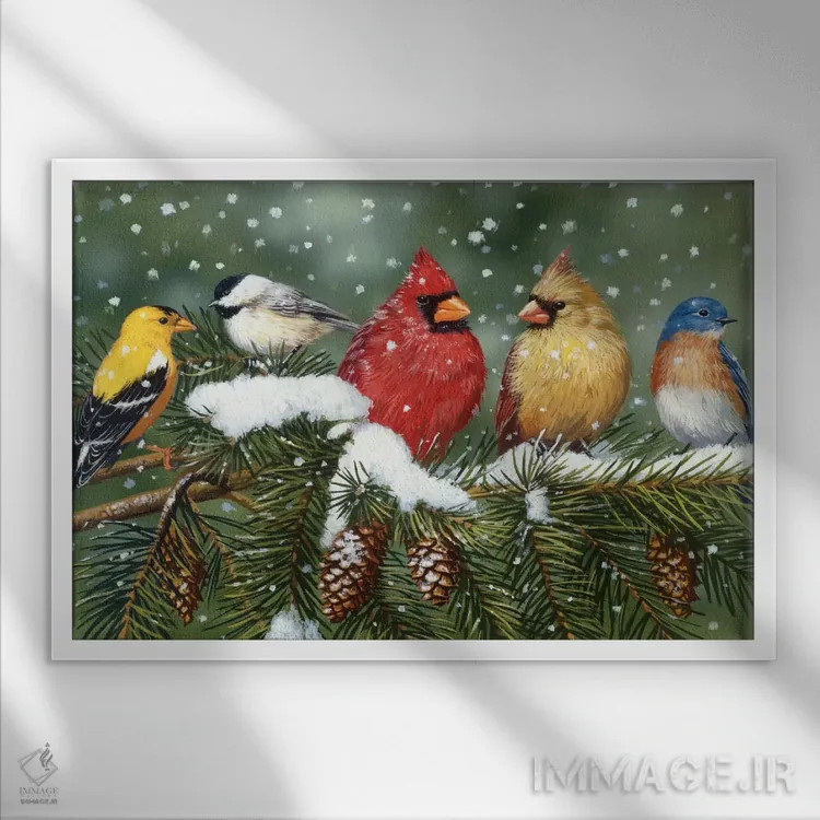 تابلو پرندگان حیاط خلوت روی شاخهٔ برفی اثر ویلیام واندر داسون - نمای قابدار سفید