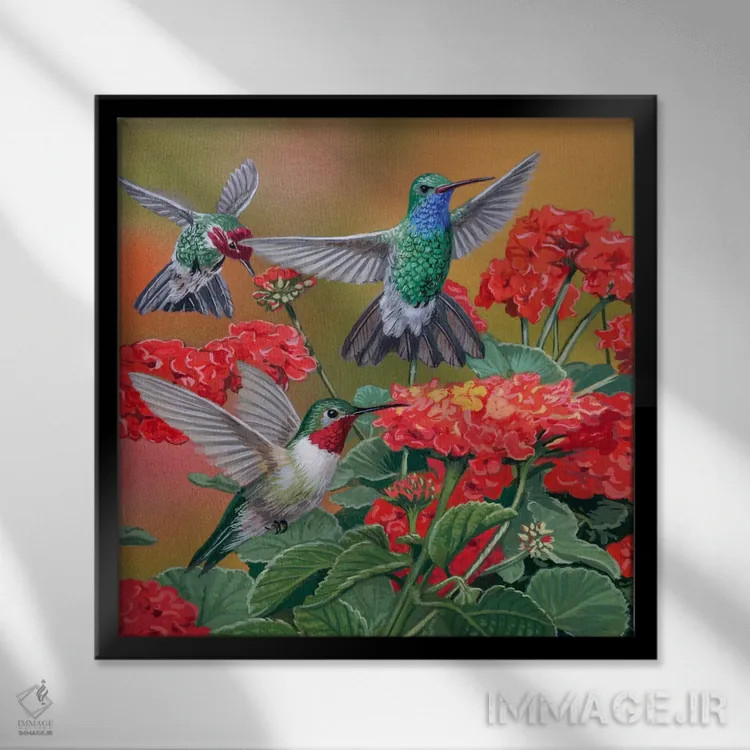 تابلو مرغهای مگسخوار و گلها اثر ویلیام واندر داسون - نمای قابدار مشکی