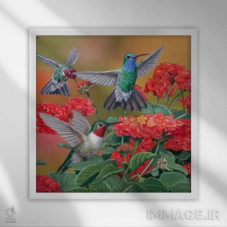 تابلو مرغهای مگسخوار و گلها اثر ویلیام واندر داسون - نمای قابدار سفید