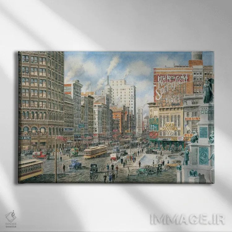 تابلو دیترویت؛ نمای شمالی خیابان وودوارد اثر استانتون منولاکاس - نمای روبهرو روی دیوار
