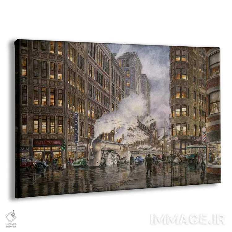 تابلو قطار قرن بیستم؛ میدان واشنگتن و وارف، سیراکیوس، نیویورک اثر استانتون منولاکاس - نمای پرسپکتیو محصول