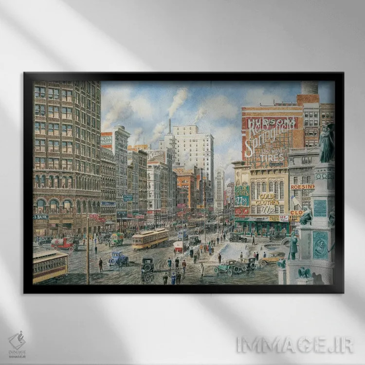 تابلو دیترویت؛ نمای شمالی خیابان وودوارد اثر استانتون منولاکاس - نمای قابدار مشکی