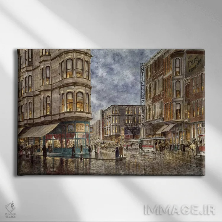 تابلو ساعت شام؛ سانفرانسیسکو، خیابان الیس و مارکت اثر استانتون منولاکاس - نمای روبهرو روی دیوار