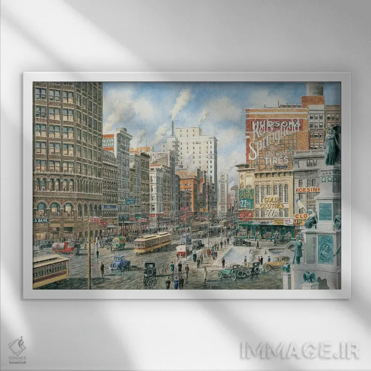 تابلو دیترویت؛ نمای شمالی خیابان وودوارد اثر استانتون منولاکاس - نمای قابدار سفید