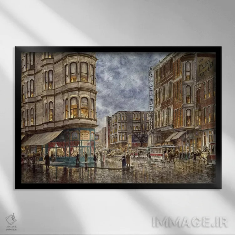 تابلو ساعت شام؛ سانفرانسیسکو، خیابان الیس و مارکت اثر استانتون منولاکاس - نمای قابدار مشکی