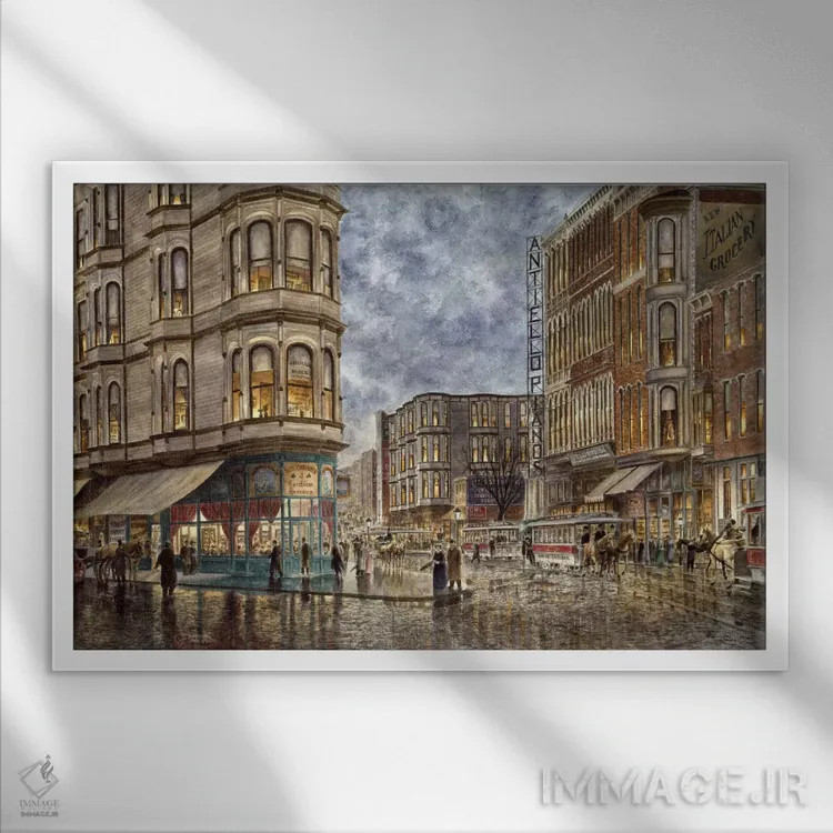 تابلو ساعت شام؛ سانفرانسیسکو، خیابان الیس و مارکت اثر استانتون منولاکاس - نمای قابدار سفید