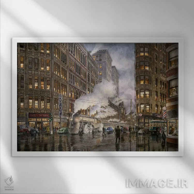 تابلو قطار قرن بیستم؛ میدان واشنگتن و وارف، سیراکیوس، نیویورک اثر استانتون منولاکاس - نمای قابدار سفید