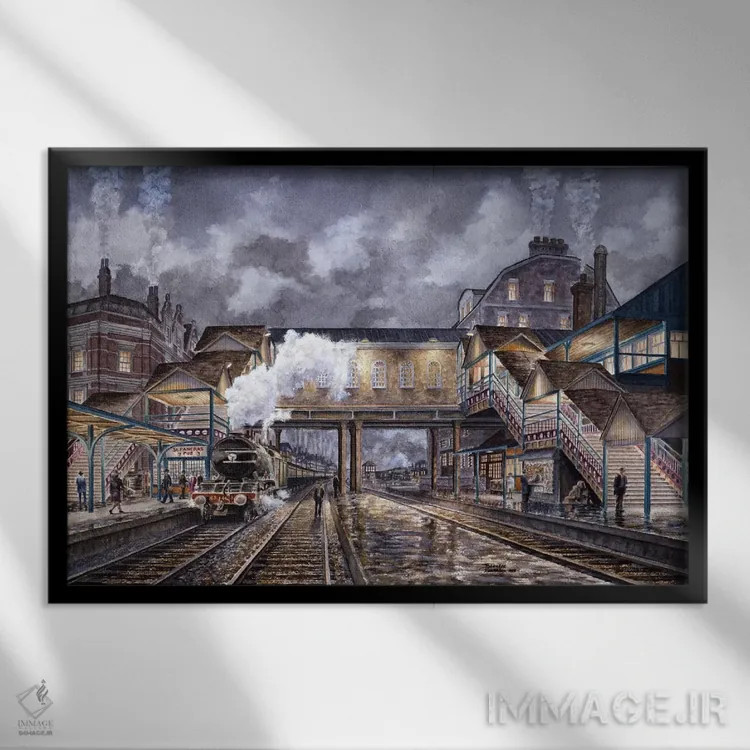 تابلو قطار شبانه به اباوربرو اثر استانتون منولاکاس - نمای قابدار مشکی