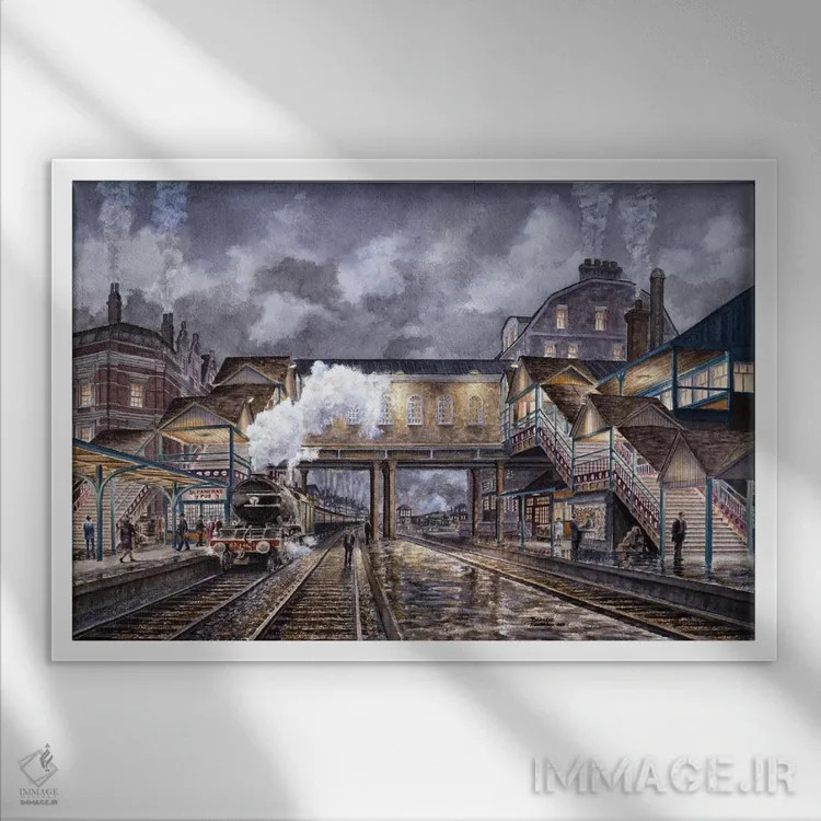 تابلو قطار شبانه به اباوربرو اثر استانتون منولاکاس - نمای قابدار سفید