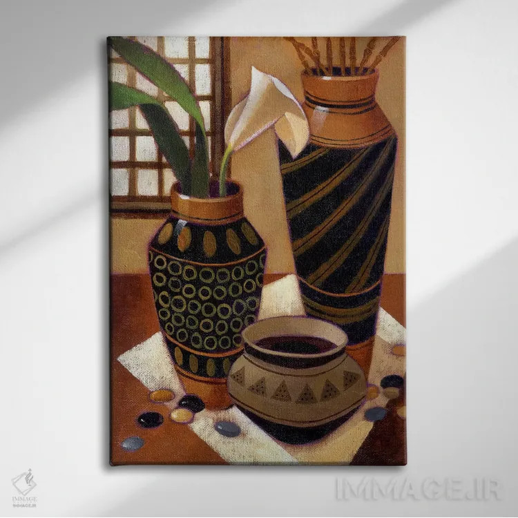 تابلو طبیعت بیجان با کاسه آفریقایی اثر کیت مالِت - نمای روبهرو روی دیوار