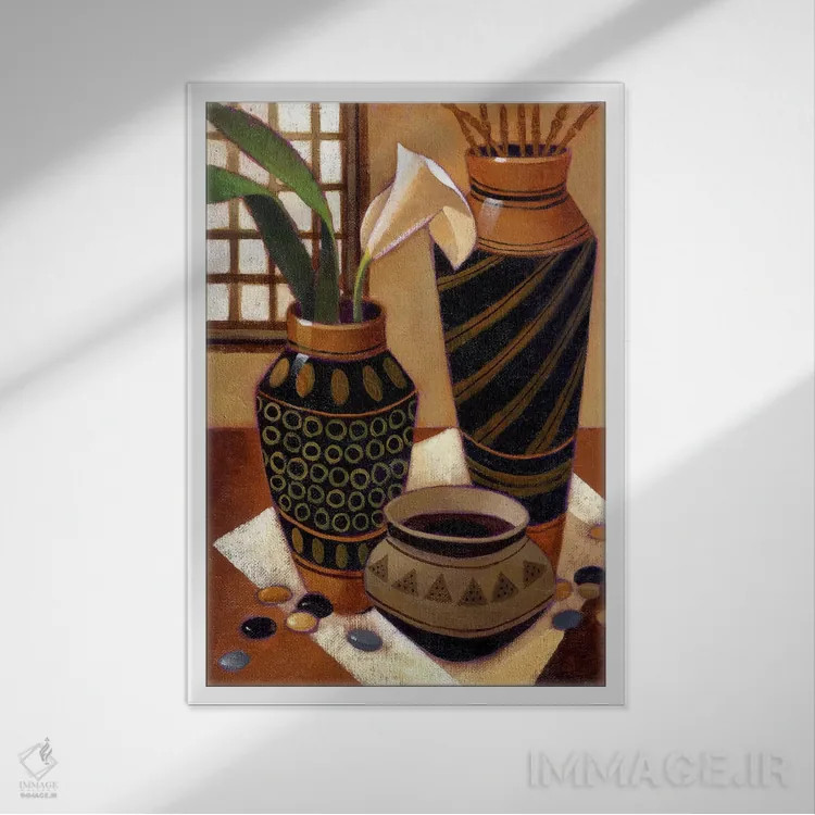 تابلو طبیعت بیجان با کاسه آفریقایی اثر کیت مالِت - نمای قابدار سفید