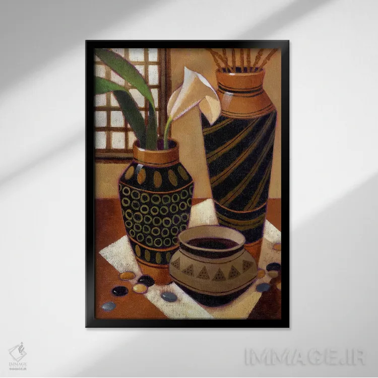 تابلو طبیعت بیجان با کاسه آفریقایی اثر کیت مالِت - نمای قابدار مشکی